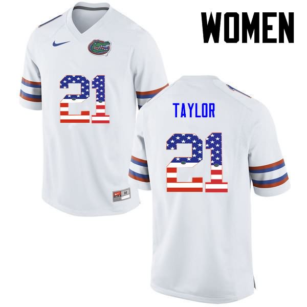 NCAA Florida Gators Fred Taylor Women's #21 USA Flag Fashion Nike White Stitched Authentic College Football Jersey WDB8264HV
